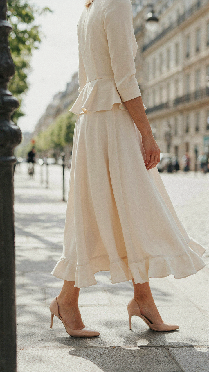 A woman walks in a flowing crepe peplum midi dress with a defined ruffle.