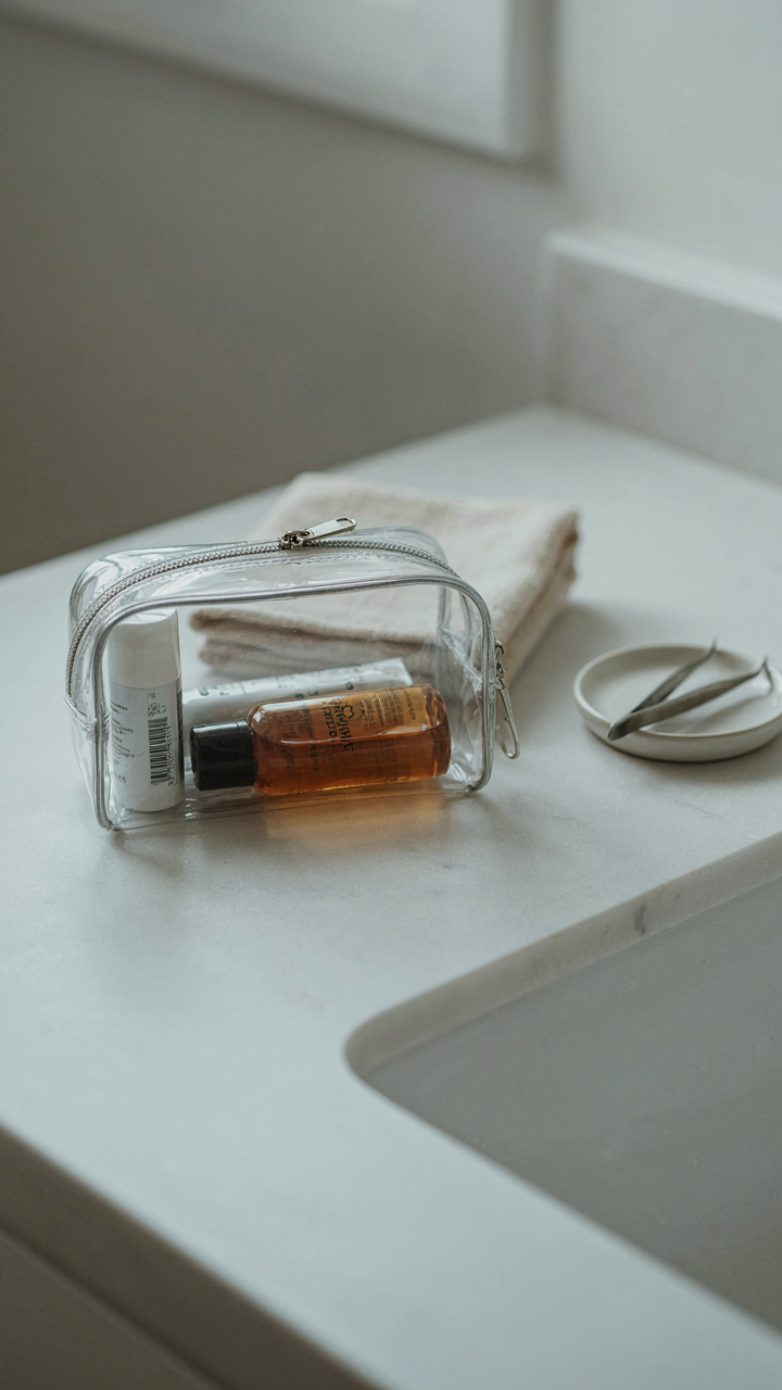 A clear bag holds travel-sized toiletries on a clean bathroom counter.