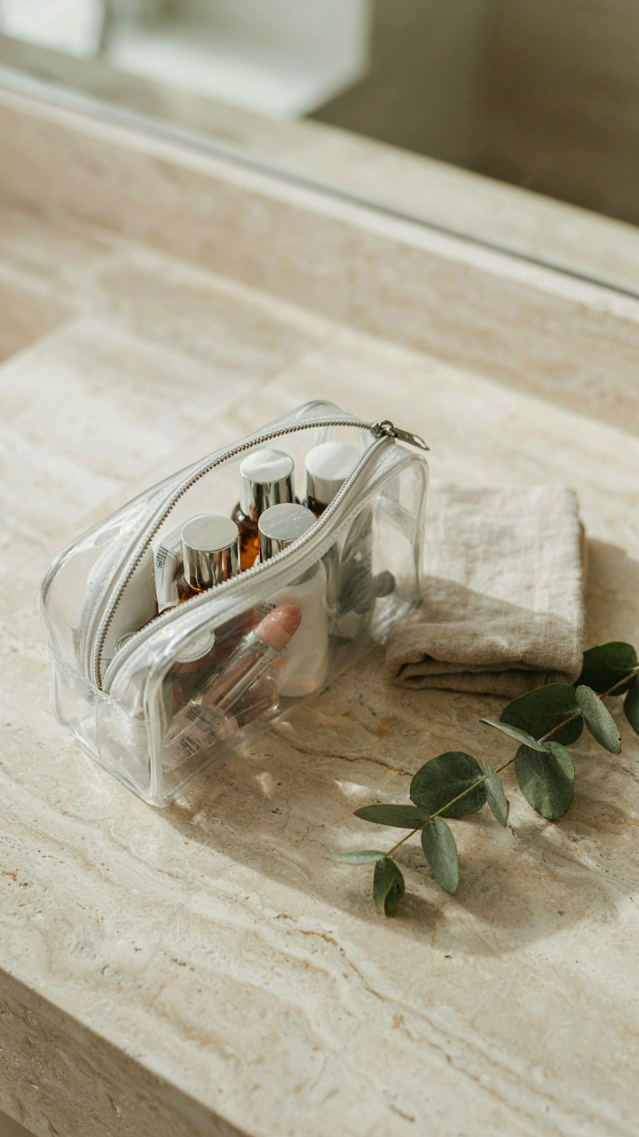 A clear travel bag holds small, organized, decanted toiletries.