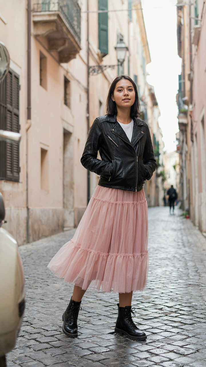 A pink tulle skirt with a black leather jacket and steel-toed boots.