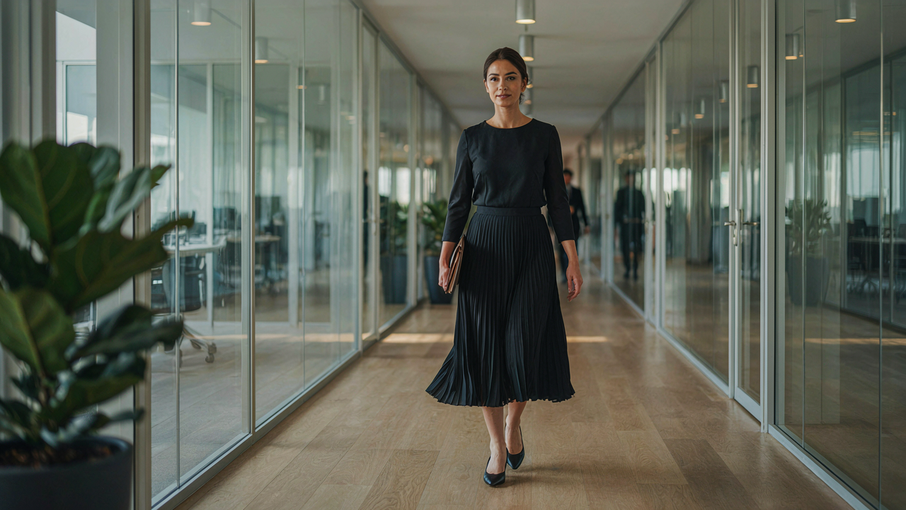 Woman in a dark pleated midi dress walks through a bright, modern office hallway.