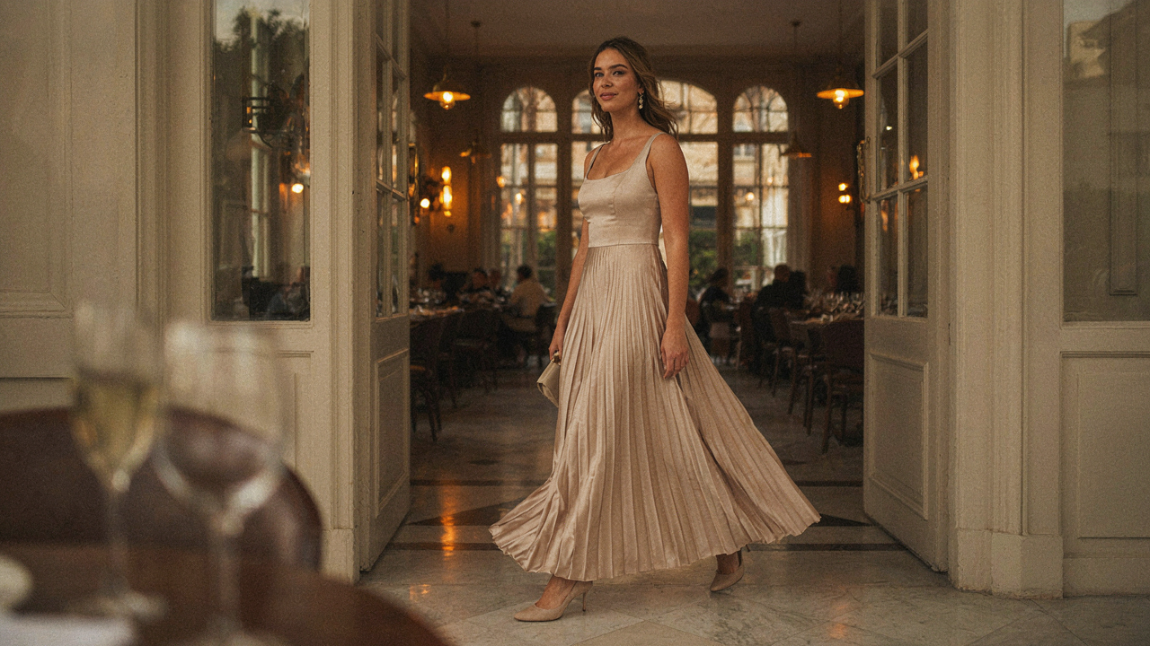 A woman in a pleated skirt dressy outfit walks into a fancy restaurant.
