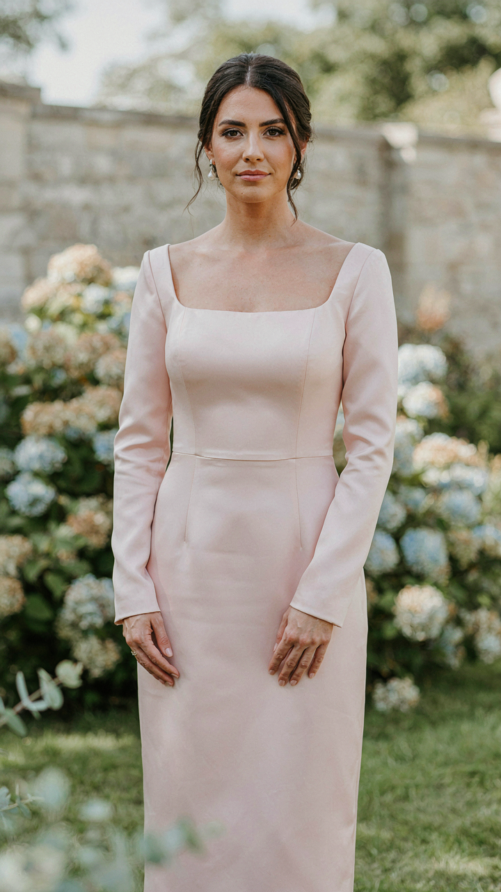 Plus-size bridesmaid in a tailored square neck dress, standing tall and poised.