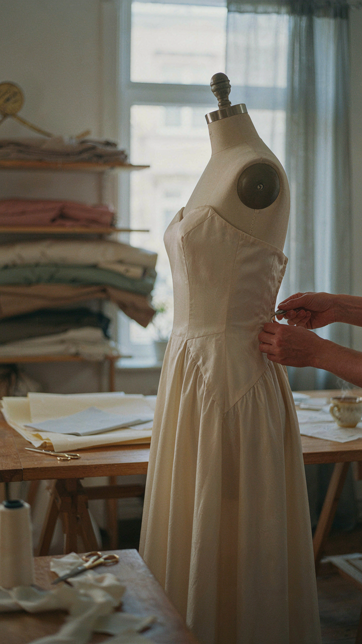 A tailor's hands adjust side seams on a plus size dress.