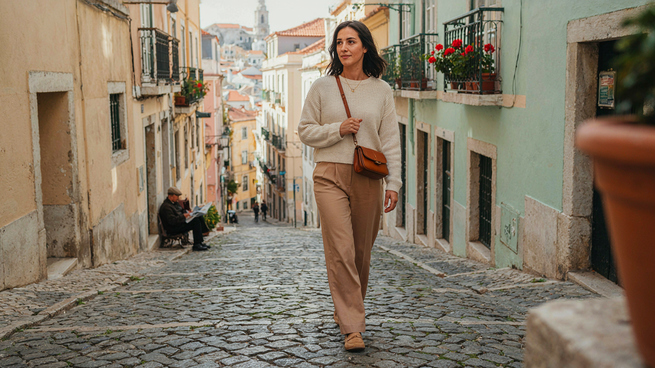 A woman walks uphill on a historic cobblestone street, dressed comfortably and practically.