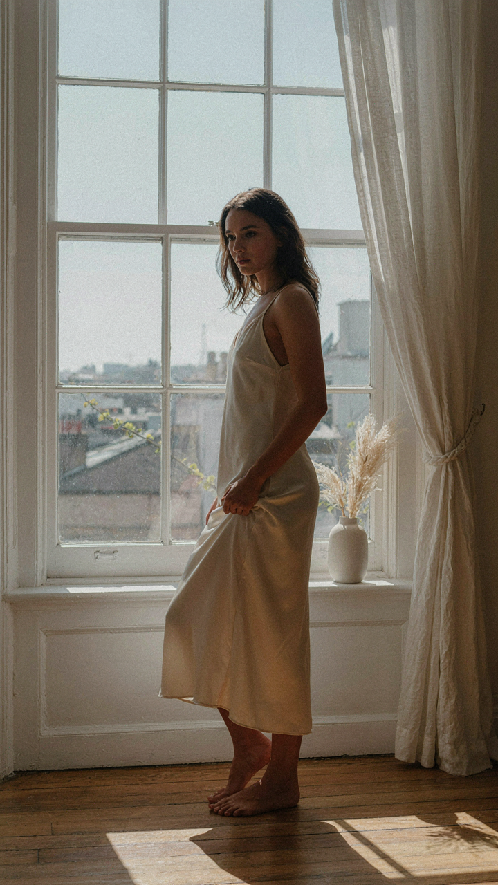 Woman in a long dress looking thoughtfully out a window.