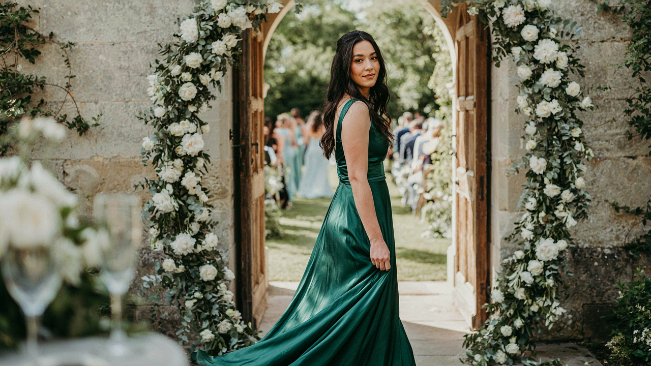 A woman in an emerald green dress poses at a wedding venue, showcasing her outfit.