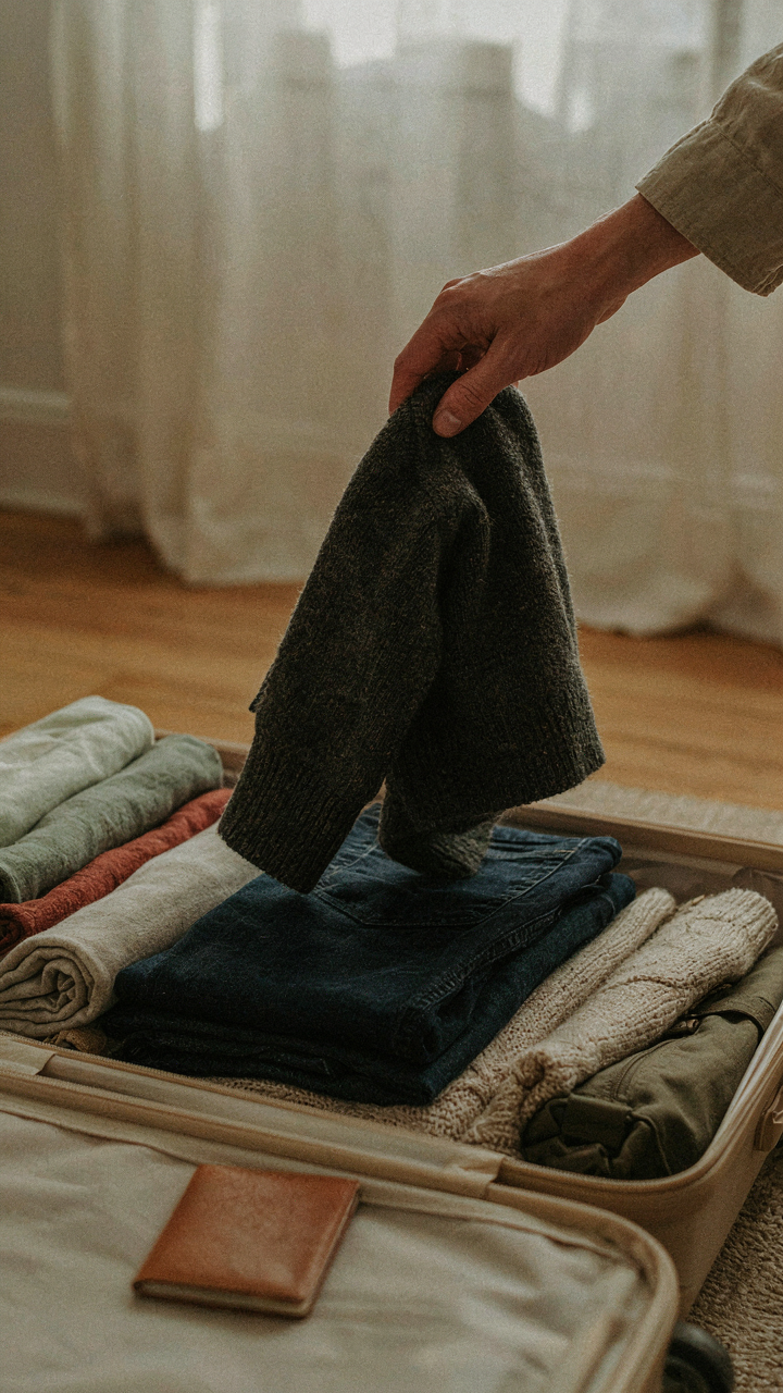 A hand removing an item from an open suitcase, indicating decluttering.