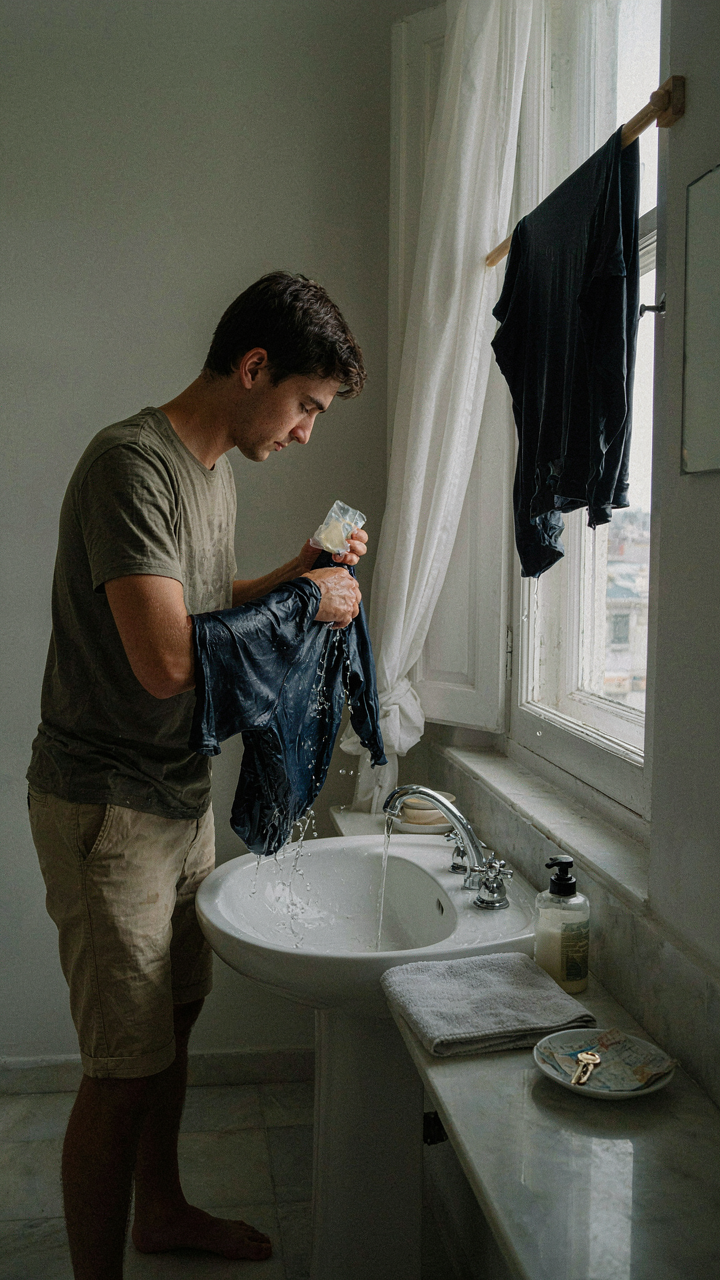 A traveler hand-washes a shirt in a hotel sink and hangs it to dry.