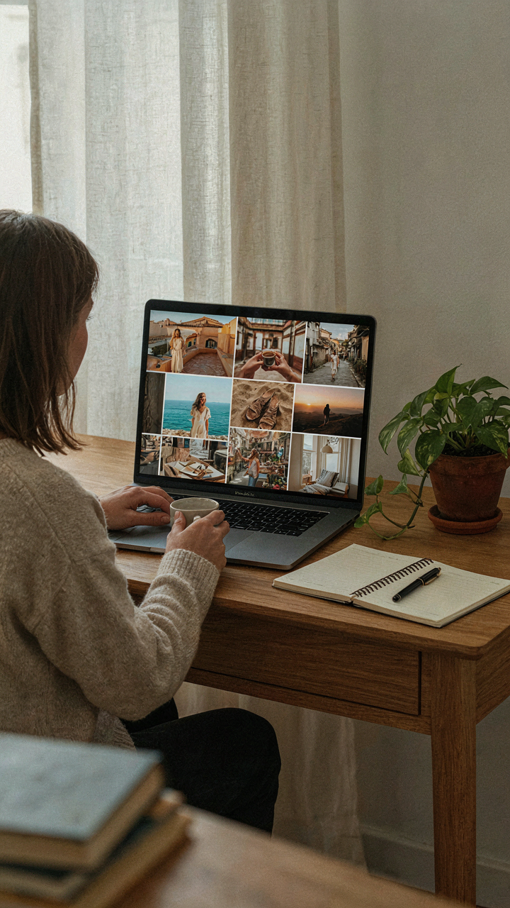 A laptop screen shows a curated photo gallery with consistent aesthetics.