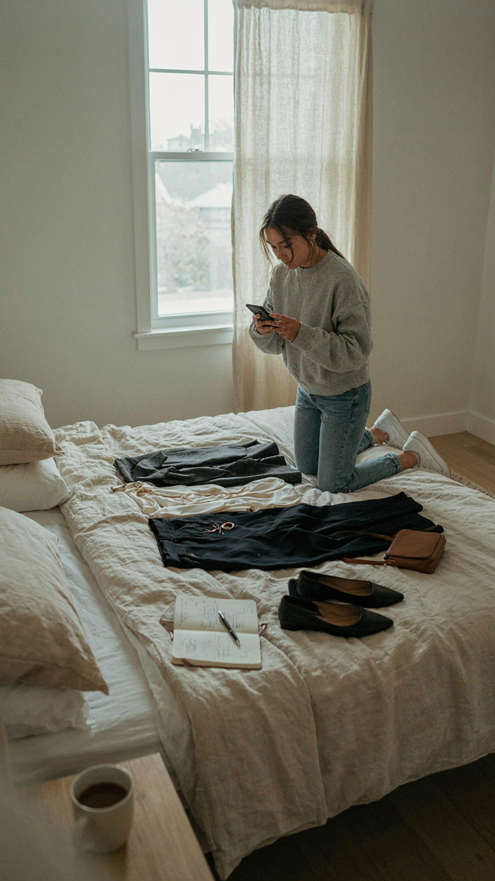 A woman photographs an outfit laid on her bed before packing.