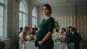 A pregnant woman in a deep green dress smiles at a wedding reception.