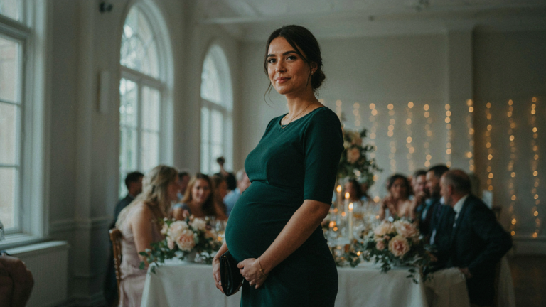 A pregnant woman in a deep green dress smiles at a wedding reception.