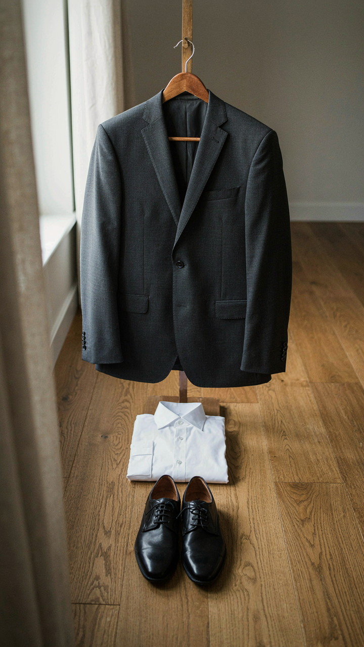 A dark suit jacket, white dress shirt, and polished closed-toe shoes on a floor.
