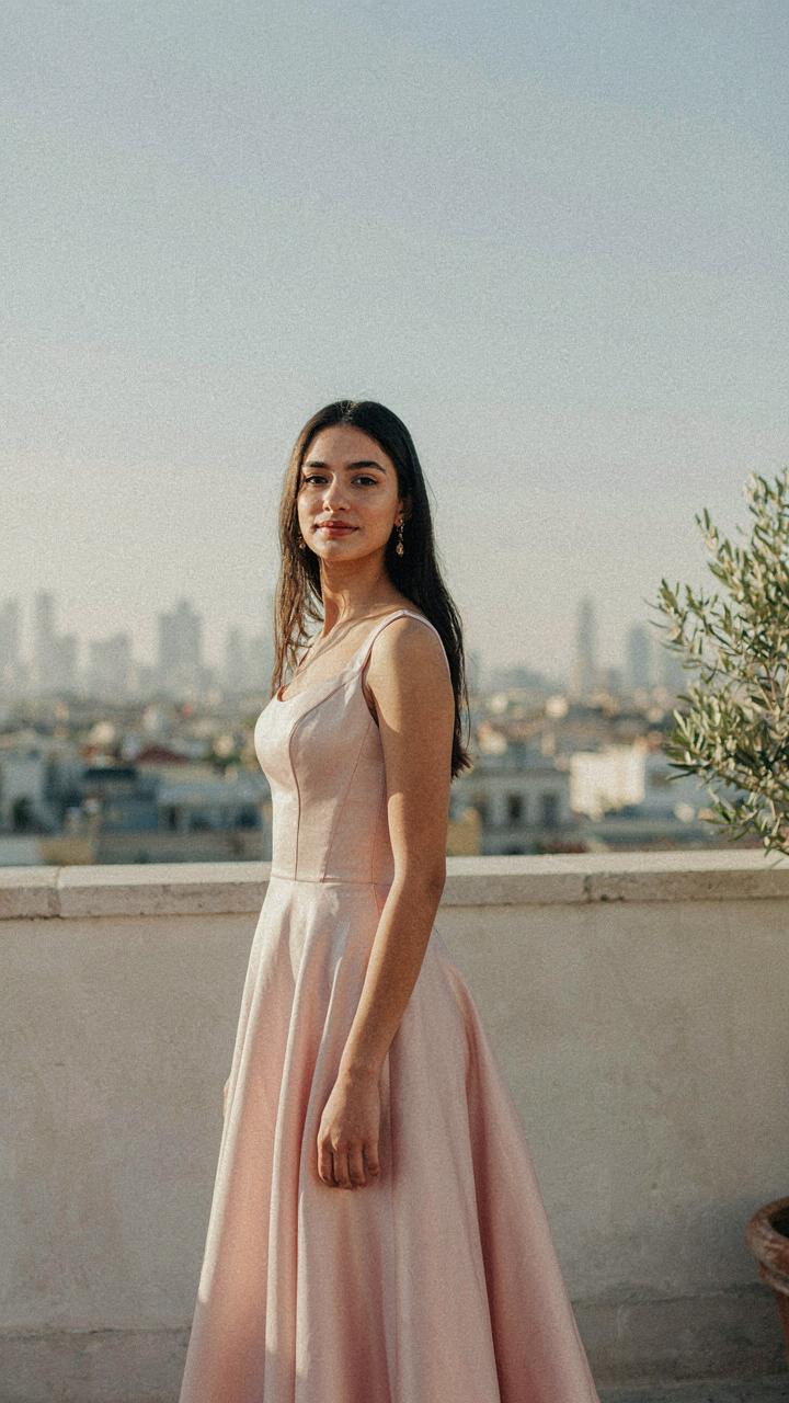 A young woman in a prom dress stands confidently, head turned slightly to the camera.