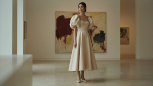 A woman in a puff sleeve cocktail dress poses in an art gallery.