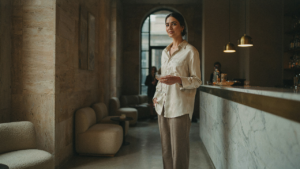 Woman in quiet luxury cocktail attire, cream shirt, taupe trousers, and ivory pocket square.