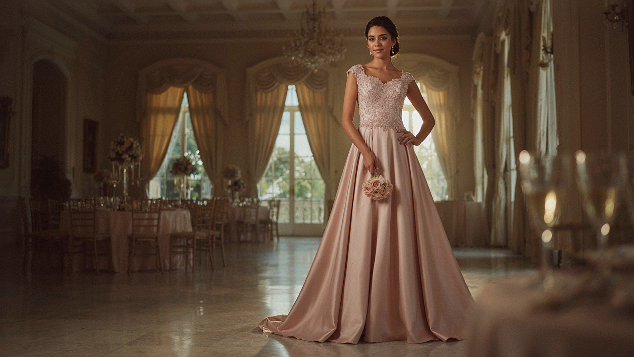 A woman in a beautiful long quinceanera guest dress stands in a grand ballroom.