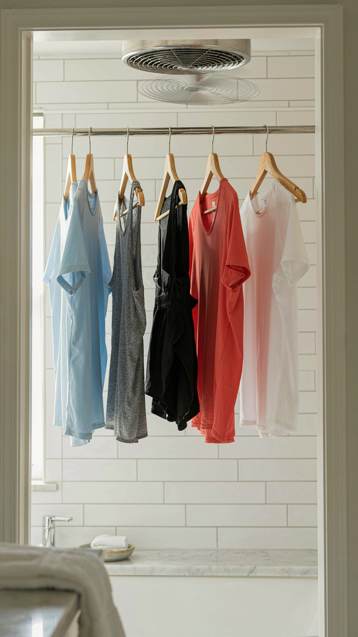 Quick-dry clothes hang in a bathroom doorway with a fan, promoting airflow.