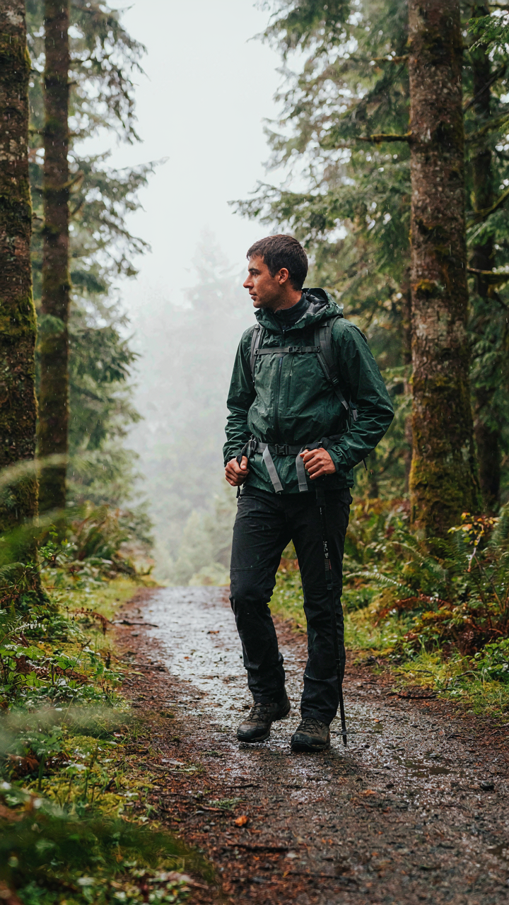 A person wears three layers of quick-dry clothing in a rainy forest.