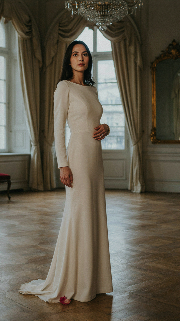 Elegant tall woman in a floor-length gown in a grand ballroom.