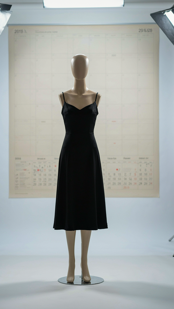 A classic black cocktail dress on a mannequin with a blurred calendar in the background.
