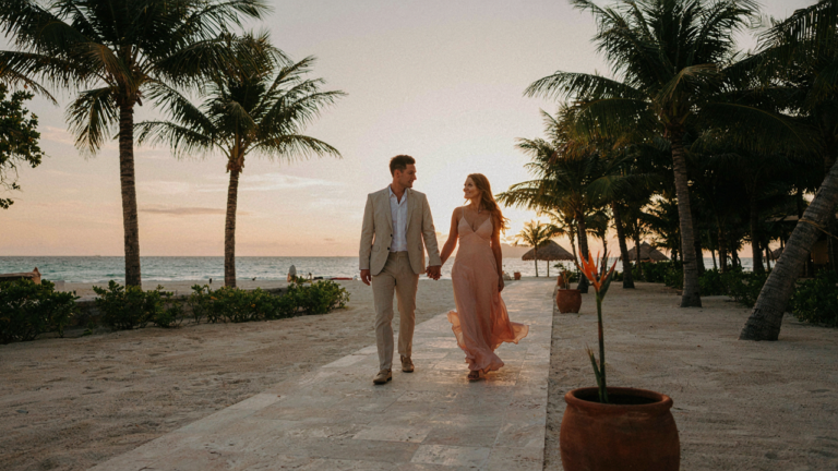 A stylish couple in resort formal attire walks a resort path at sunset.