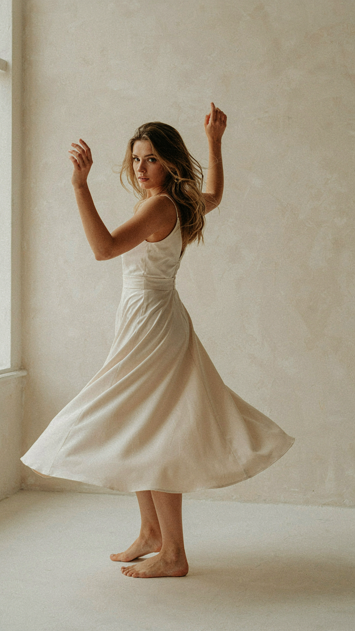 A woman in a flowing dress gracefully turns, showing fabric movement.