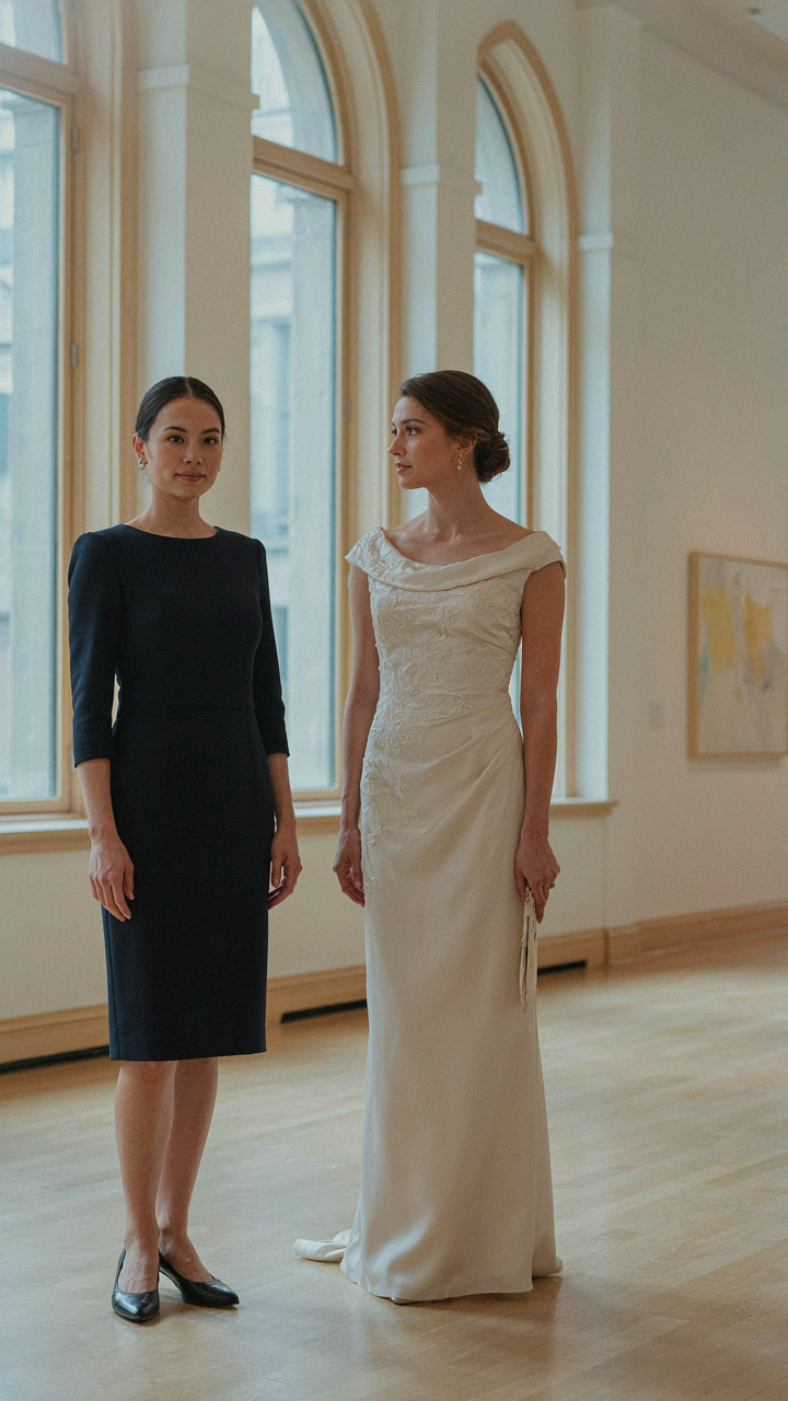 A woman in a structured navy dress, subtly in the background.