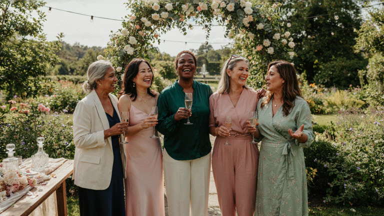 Elegant women in chic retirement party outfits enjoying a celebration in a garden.