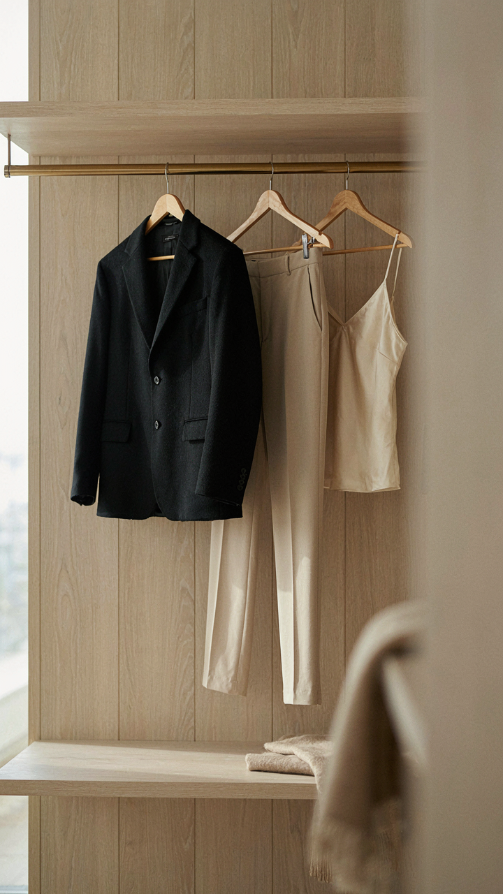 A well-organized closet with a blazer, trousers, and camisole.