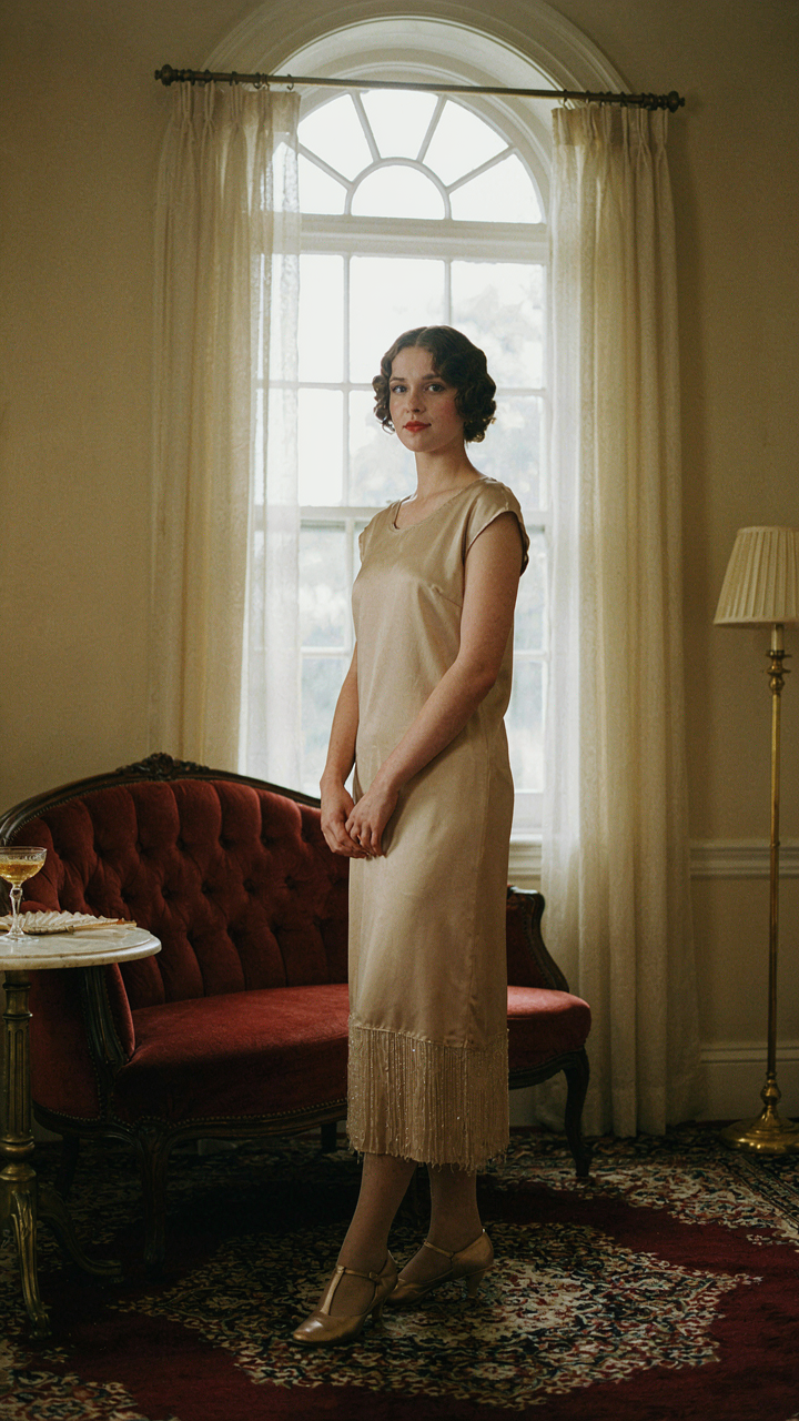 A woman confidently wearing a well-tailored flapper dress.