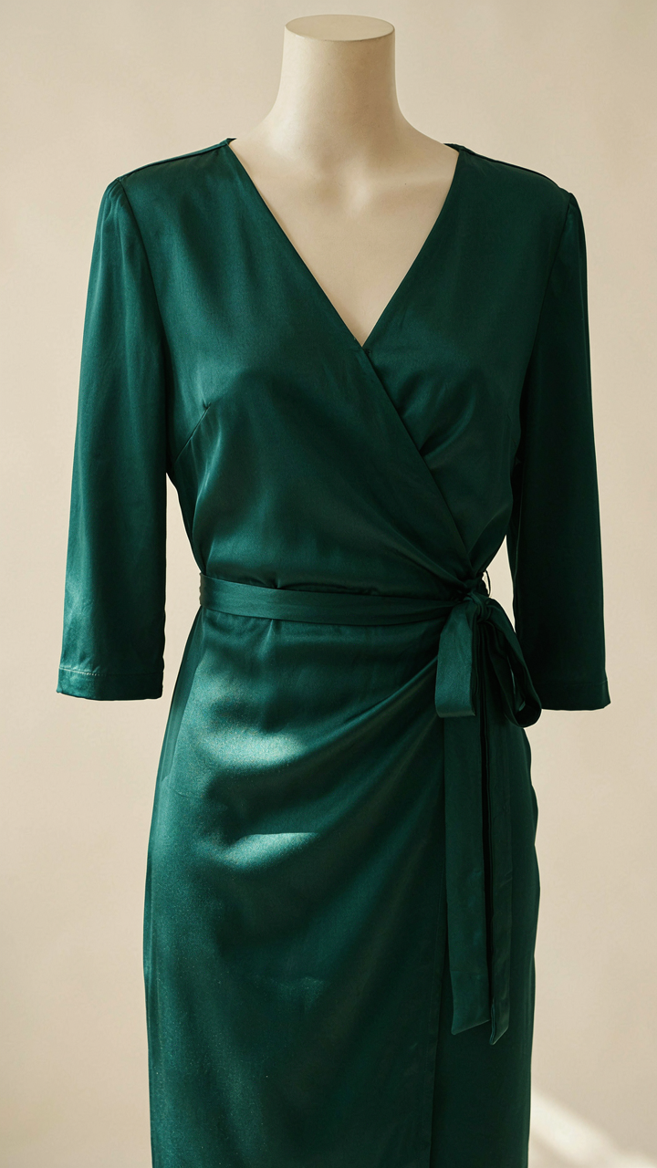 Close-up of a well-fitted wrap dress on a mannequin.