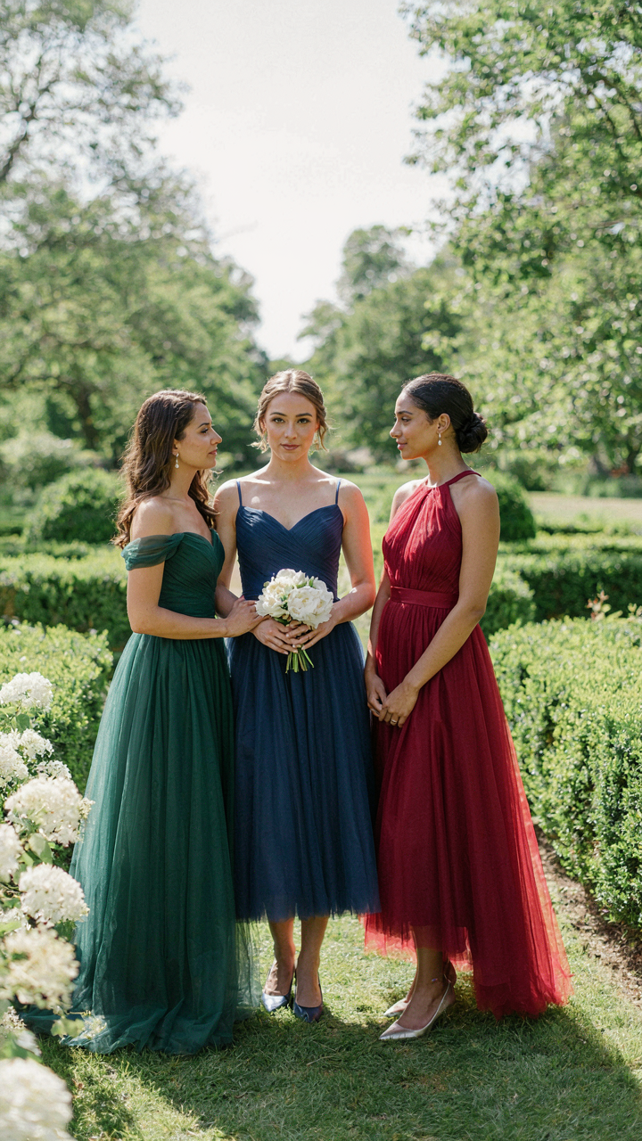 Bridesmaids in unique, deep-colored tulle cocktail dresses stand together.
