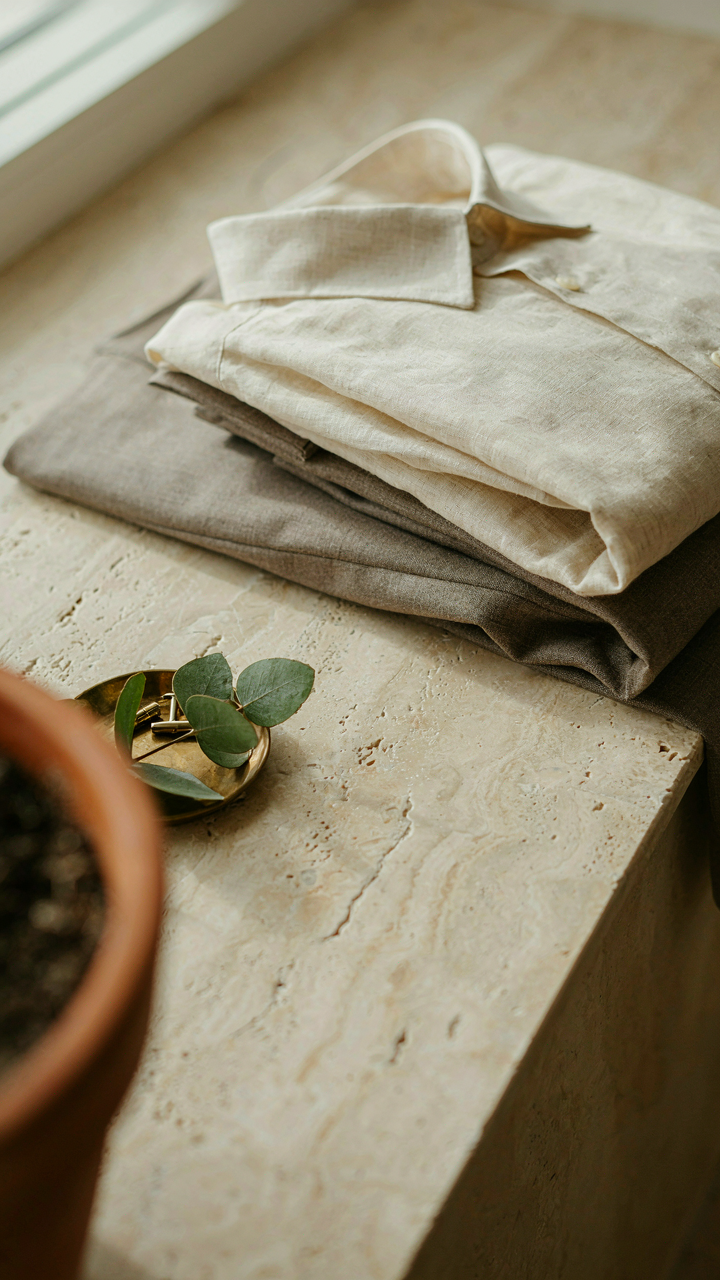 A cream linen shirt and neutral tailored trousers are stacked, ready for various uses.