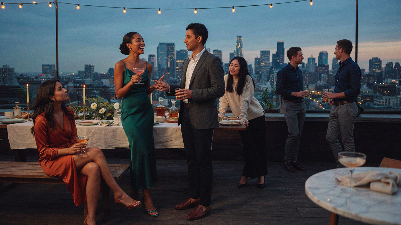 People chatting and laughing at a stylish rooftop cocktail party as the sun sets.