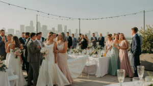 Guests in elegant rooftop wedding attire mingle on a chic city rooftop.
