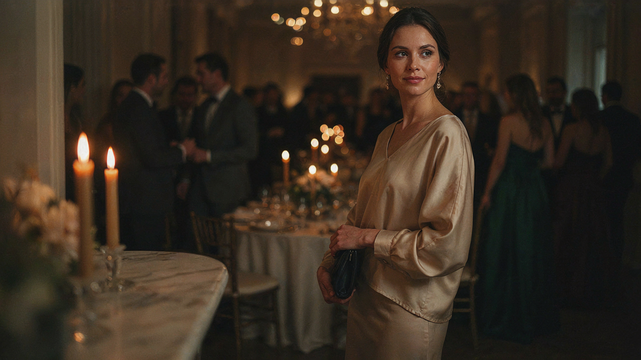 Woman in a champagne satin blouse at a dinner party, holding a structured clutch.