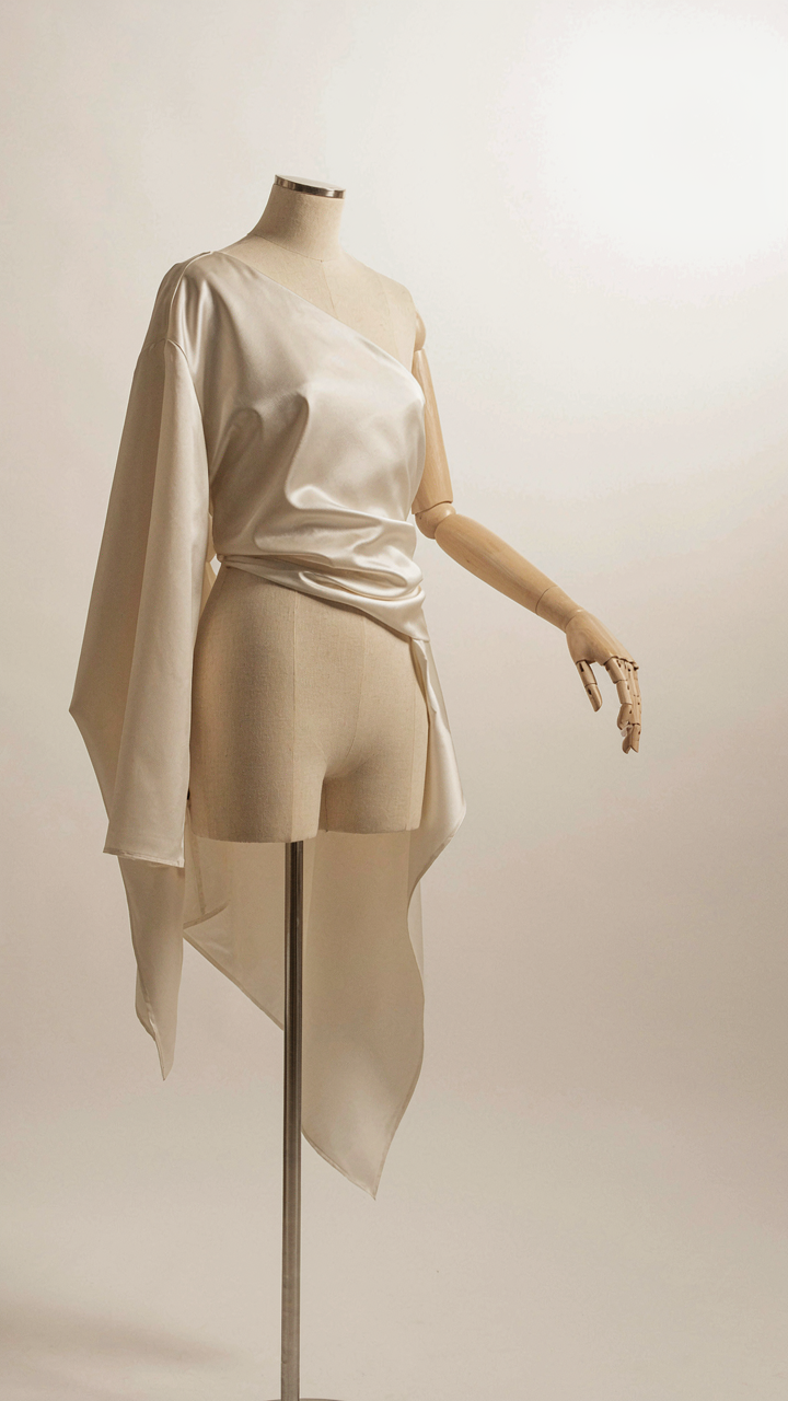 Satin blouse draped on a mannequin, showing how fabric clings to body proportions.