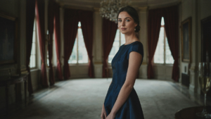 A woman in a shimmering dark blue satin cocktail dress in an elegant hotel ballroom.