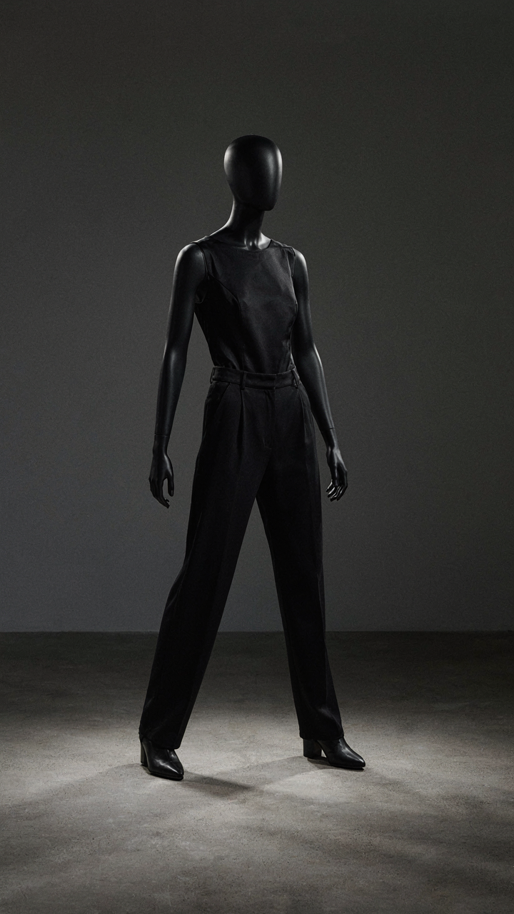 A mannequin wears a perfectly tailored black satin jumpsuit in a showroom.
