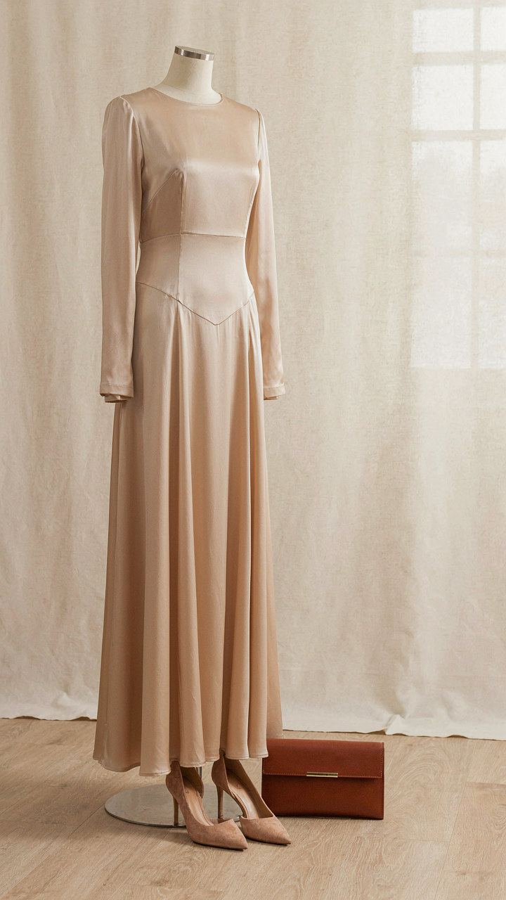 A satin maxi dress with a matte leather clutch and suede heels.