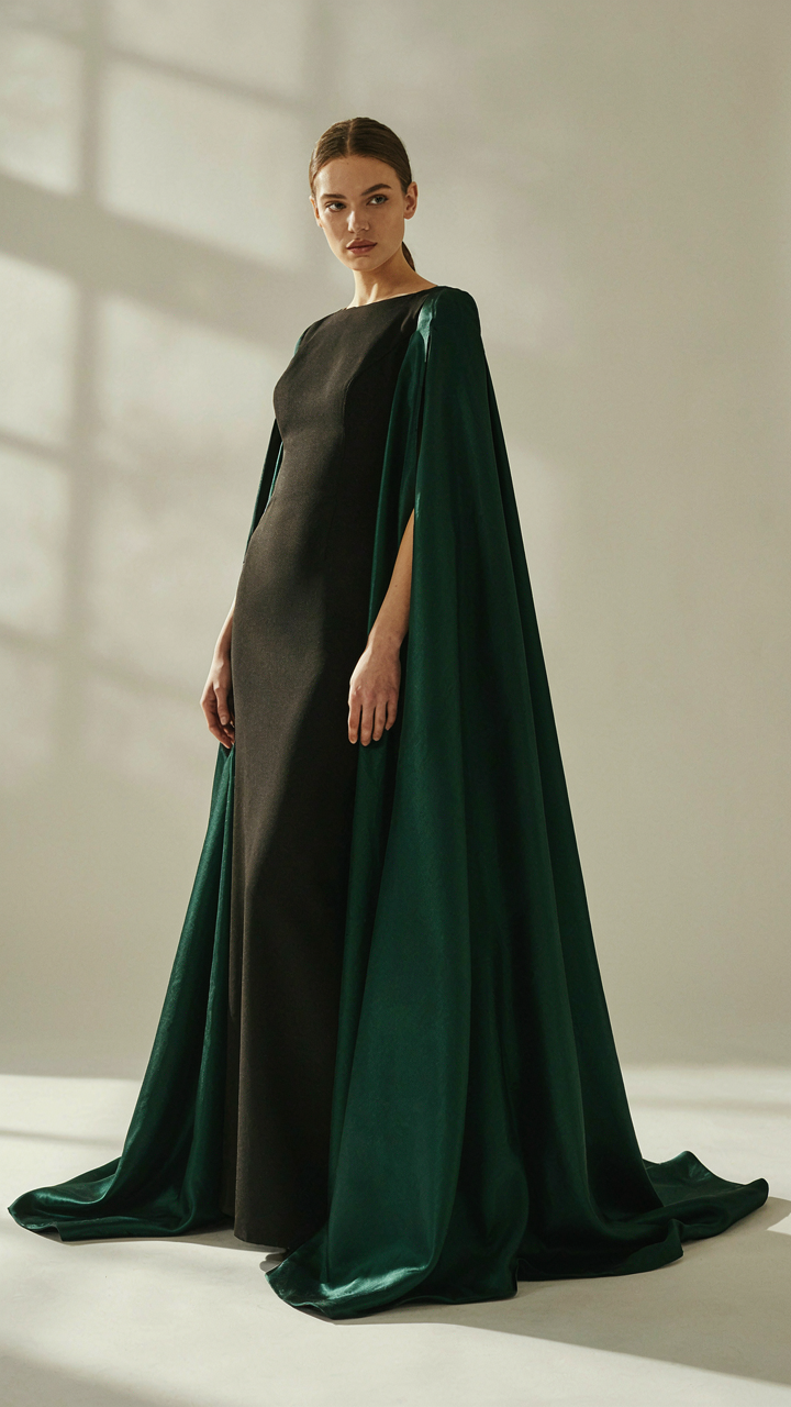 A satin maxi evening cape pools around the feet of a person in a matte gown.