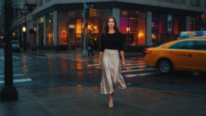 Woman in a elegant satin midi skirt and fitted top, walking confidently down a city street.