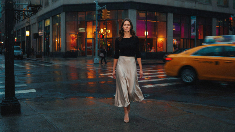 Woman in a elegant satin midi skirt and fitted top, walking confidently down a city street.