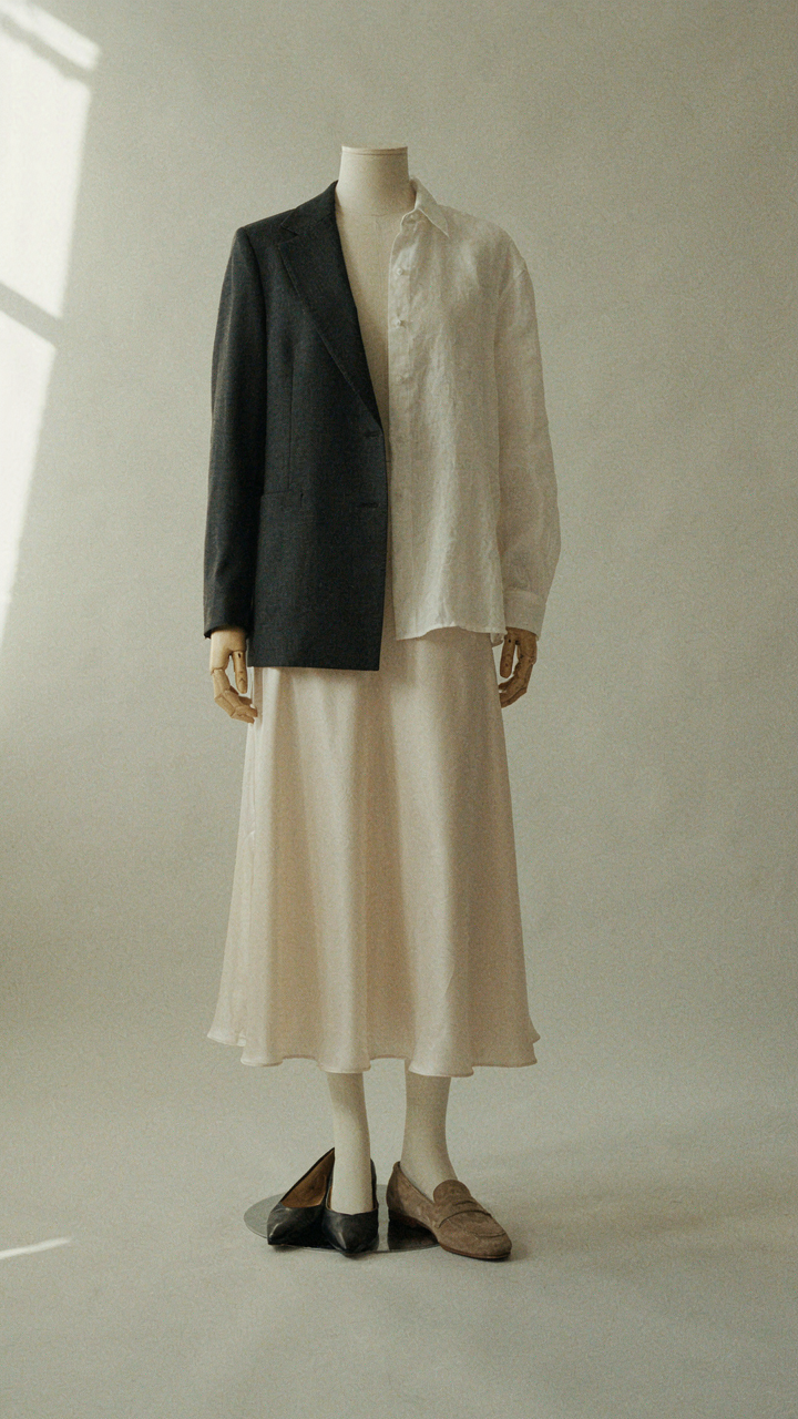 A satin midi skirt styled for formal and casual looks on a mannequin.