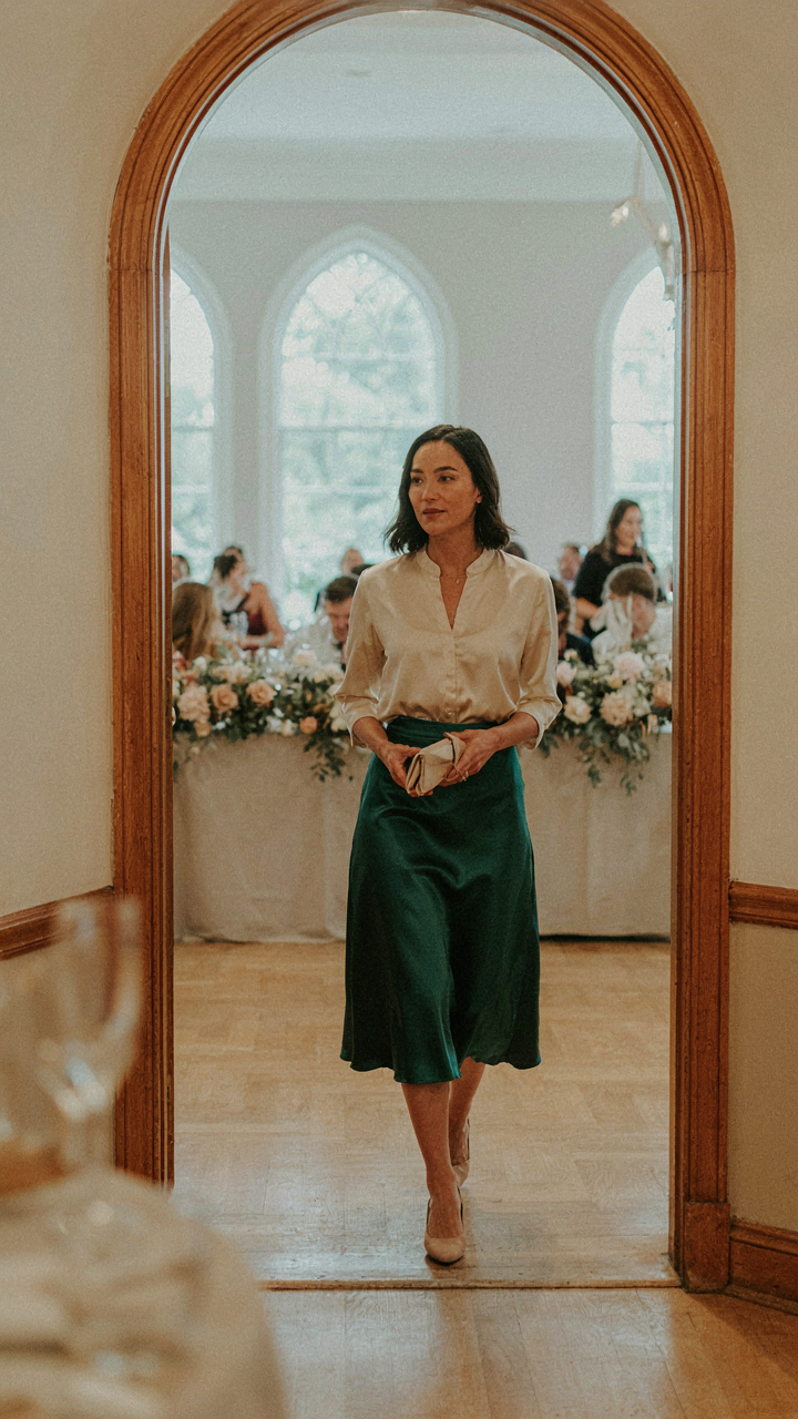 Woman in a jewel-toned satin midi skirt and cream blouse at a wedding reception.