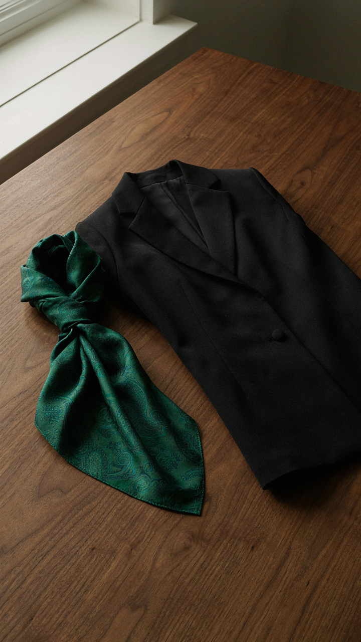 A luxurious silk scarf drapes next to a structured matte crepe blazer.