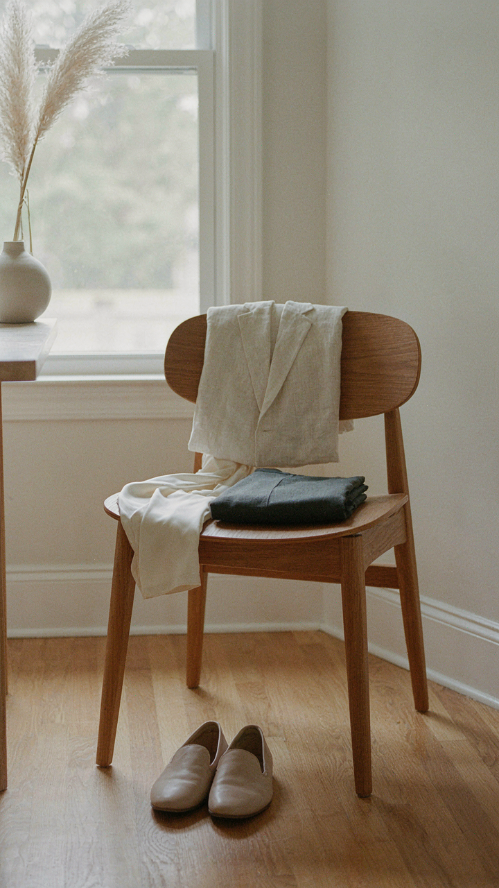 A neatly folded linen jacket hangs on a modern chair.