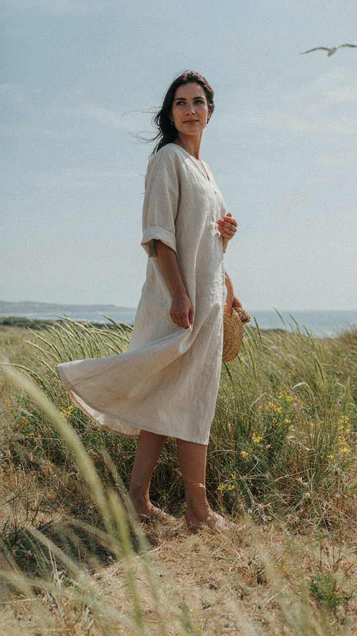 Woman wearing a loose linen blend midi dress in a breezy outdoor setting.
